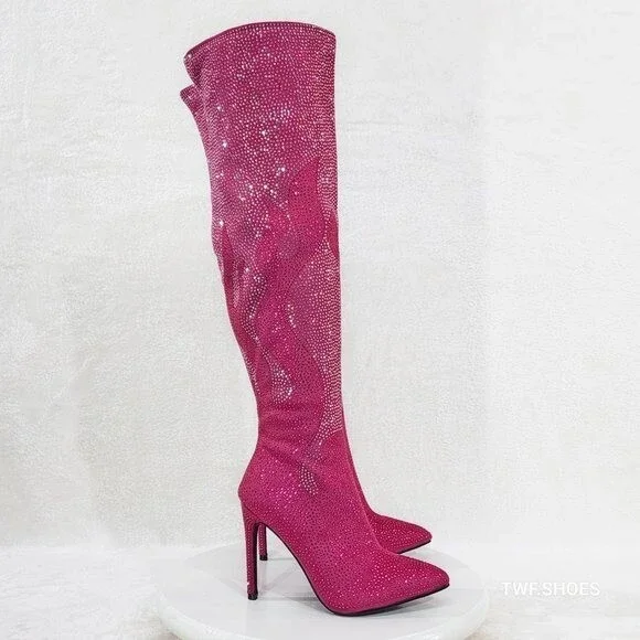 NIB Like It Hot Fuchsia Rhinestone Flame Detail Sexy OTK High Heel Thigh Boots - Picture 12 of 12